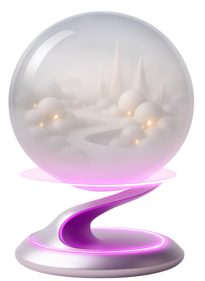 A glass world holding a city of white towers in cloud, lit from beneath